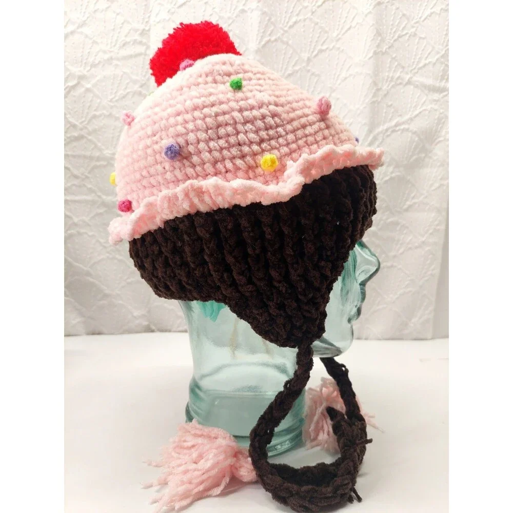 Day Lee Design Knit Pink Cupcake with Red PomPom Beanie  Size 1-2 Year Old